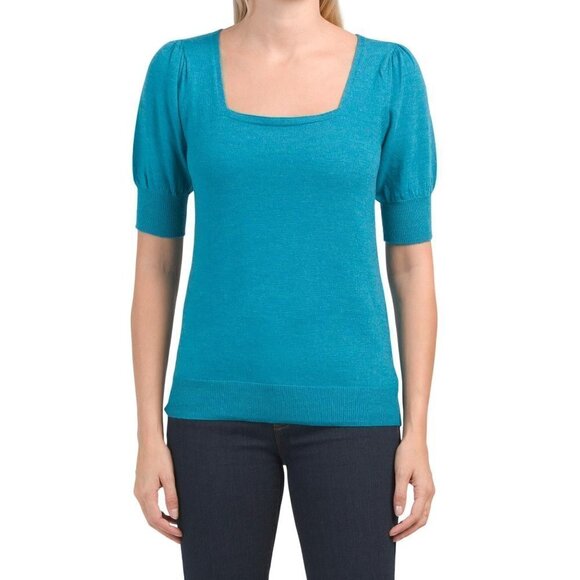 Rachel Rachel Roy Teal Blue Square Neckline Merino Wool Puff Sleeve Top M - Picture 1 of 5